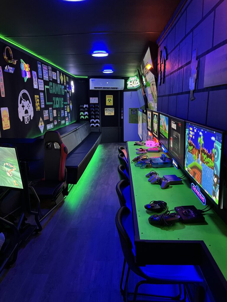 1-Up Game Truck Retro Game Bar with arcade style lighting
