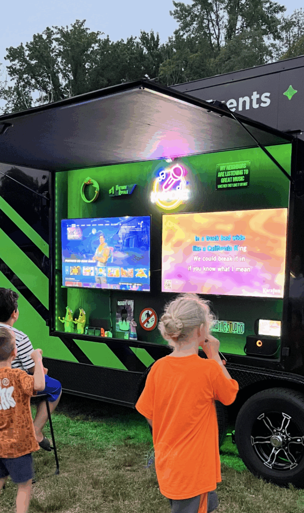 (2) Nintendo Switches and (1) Karaoke machine connected to (2) 50″ HDTVs outside (weather permitting)
